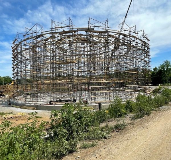 Scaffolding has been erected on a base slab at the future site of the Brentwood/Metro Nashville equalization storage tank.